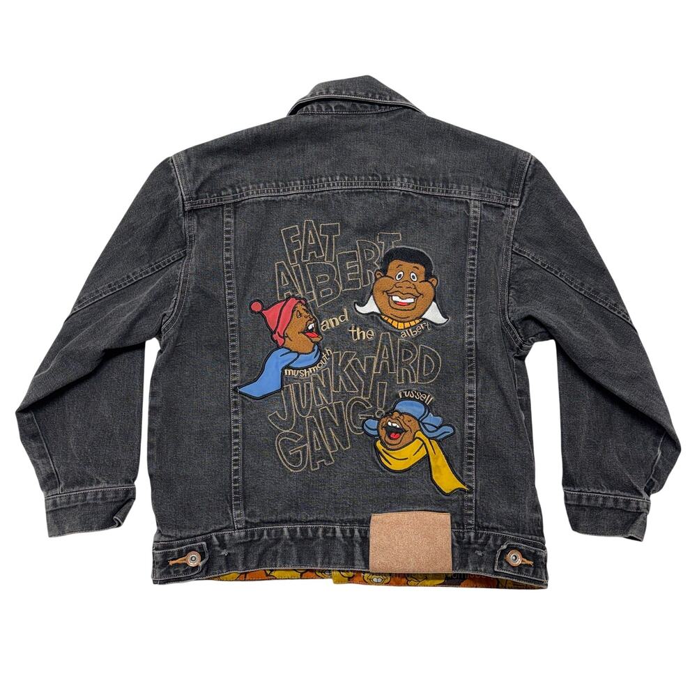 Fubu Trucker Jacket Fat Albert Junkyard Gang Small Y2K Black Denim Platinum